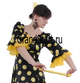 Карнавальный танцевальный костюм Платье «Фламенко» (черное в жёлтый горох) для взрослых