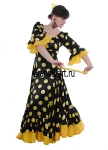 Карнавальный танцевальный костюм Платье «Фламенко» (черное в жёлтый горох) для взрослых