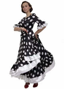 Карнавальный танцевальный костюм Платье «Фламенко» (черное в белый горох) для взрослых