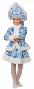 Детский карнавальный новогодний костюм Снегурочка «Гжель» для девочек