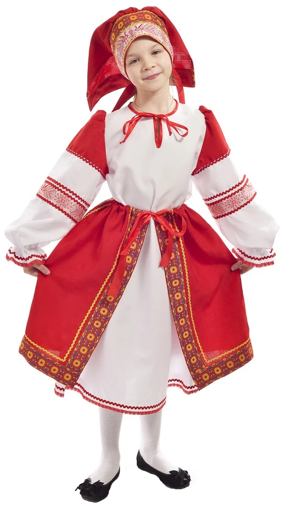 Детский Русский Национальный костюм «Народный» (с красной поневой) для девочек