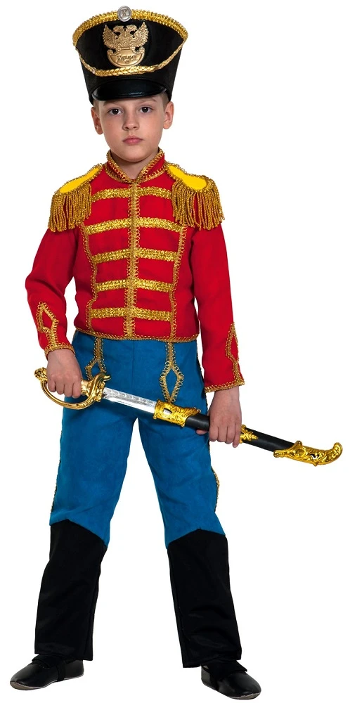 Детский карнавальный костюм «Гусар» красно-синий (замш) для мальчиков