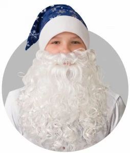 Новогодний Колпак с бородой «Синий со снежинками» (плюш)
