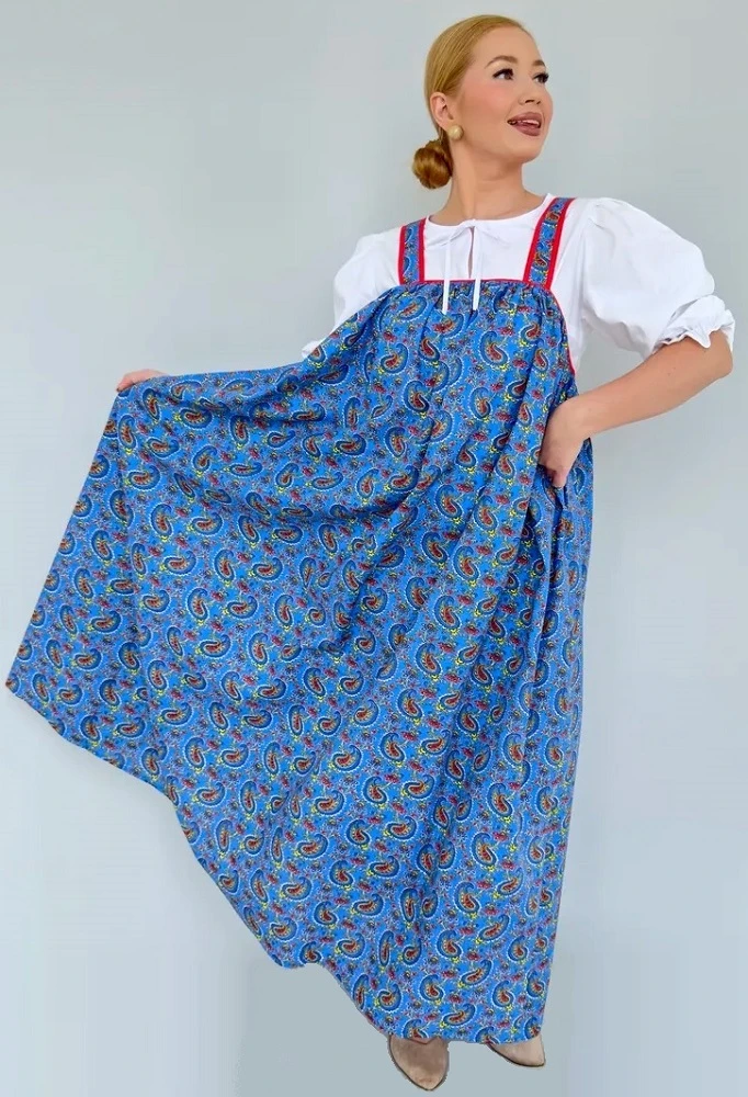 Русский Народный сарафан «Огурцы» голубой
