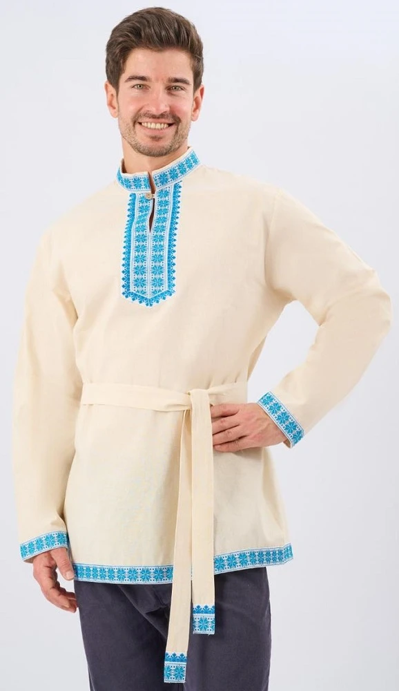 Русская Народная Рубаха «Косоворотка» бежево-голубая