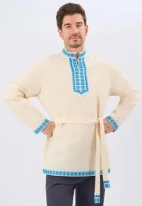 Русская Народная Рубаха «Косоворотка» бежево-голубая