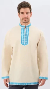 Русская Народная Рубаха «Косоворотка» бежево-голубая