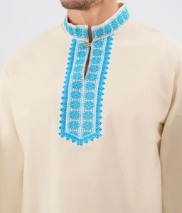 Русская Народная Рубаха «Косоворотка» бежево-голубая