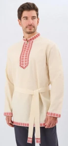 Русская Народная Рубаха «Косоворотка» бежево-красная