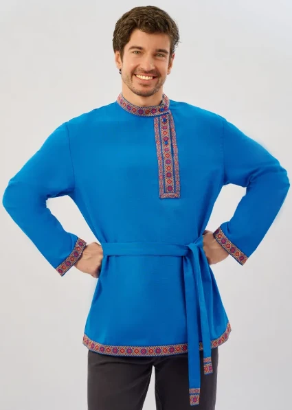Русская Народная Рубаха «Косоворотка» голубая с красным