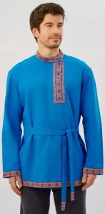 Русская Народная Рубаха «Косоворотка» голубая с красным