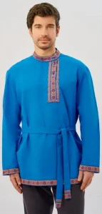 Русская Народная Рубаха «Косоворотка» голубая с красным