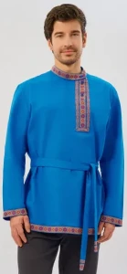 Русская Народная Рубаха «Косоворотка» голубая с красным