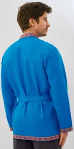 Русская Народная Рубаха «Косоворотка» голубая с красным