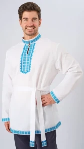 Русская Народная Рубаха «Косоворотка» бело-голубая