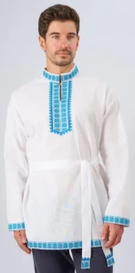 Русская Народная Рубаха «Косоворотка» бело-голубая