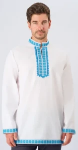 Русская Народная Рубаха «Косоворотка» бело-голубая